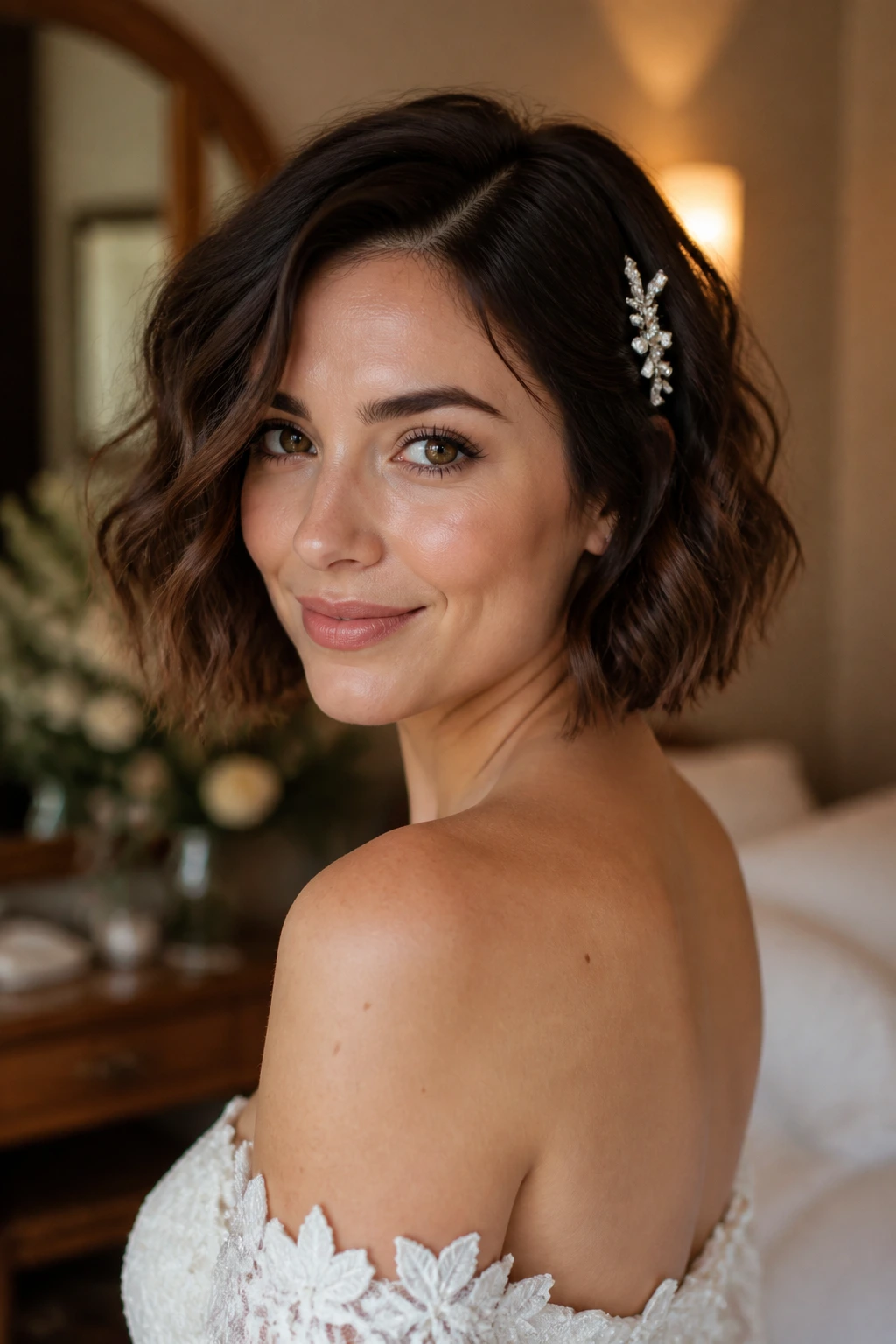Bride with textured wavy blunt bob in warm bridal room