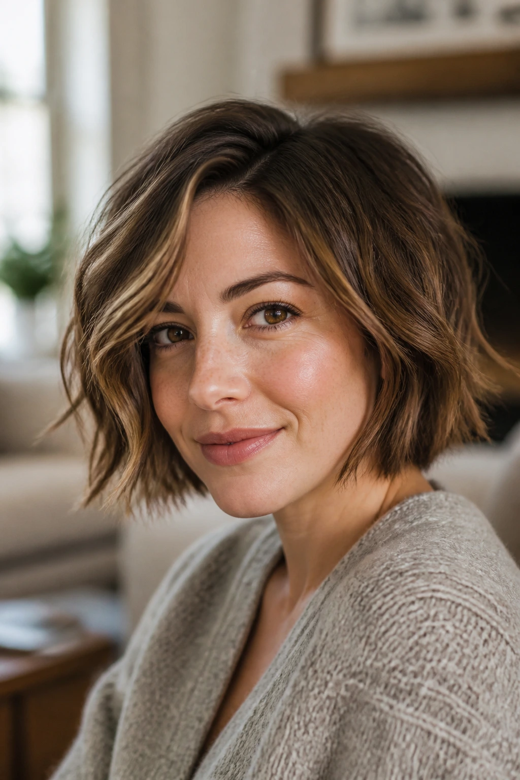 Close-up of a real woman with a textured wavy bob in warm window light.