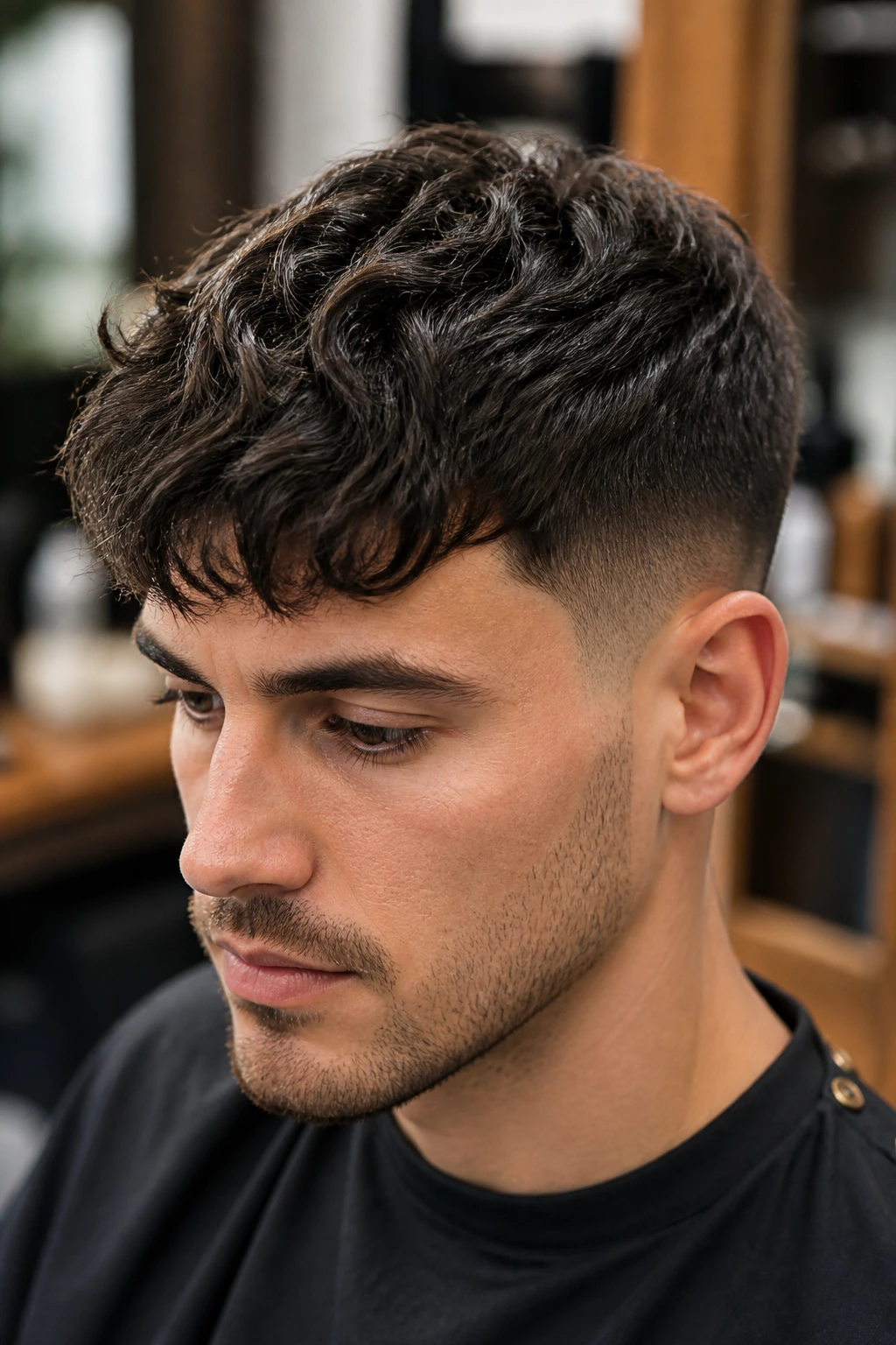 Close-up of a man with a textured wavy crop showing front wave and tapered sides.