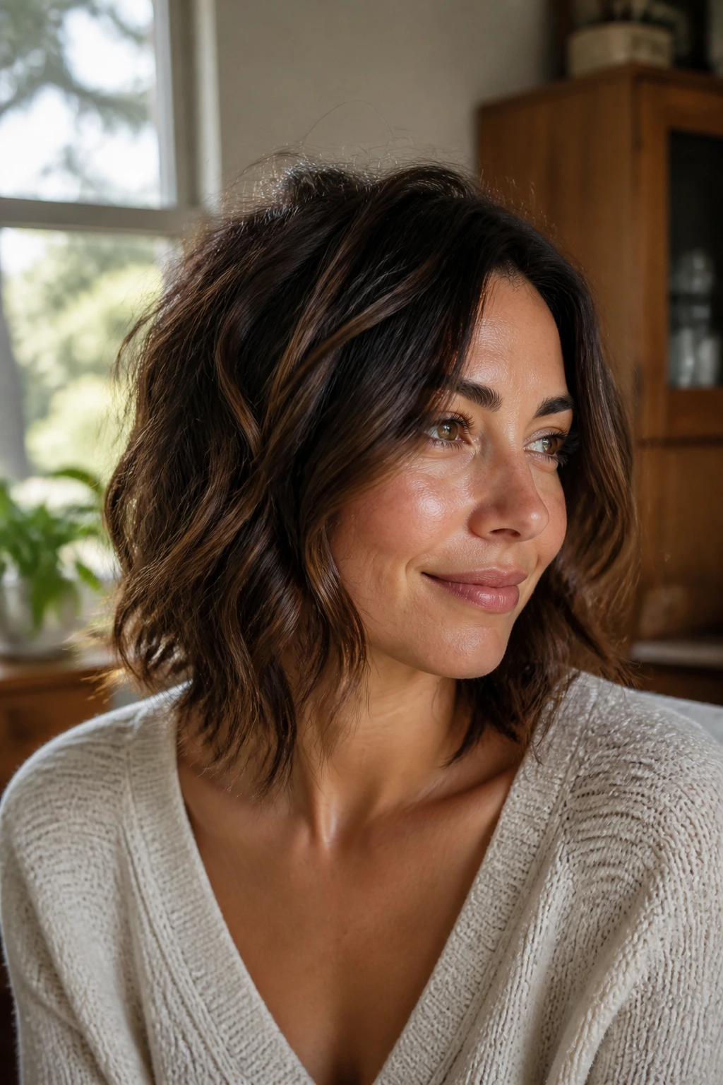 Close-up of a real woman with textured wavy lob starting below the cheekbone in sunlit living room.