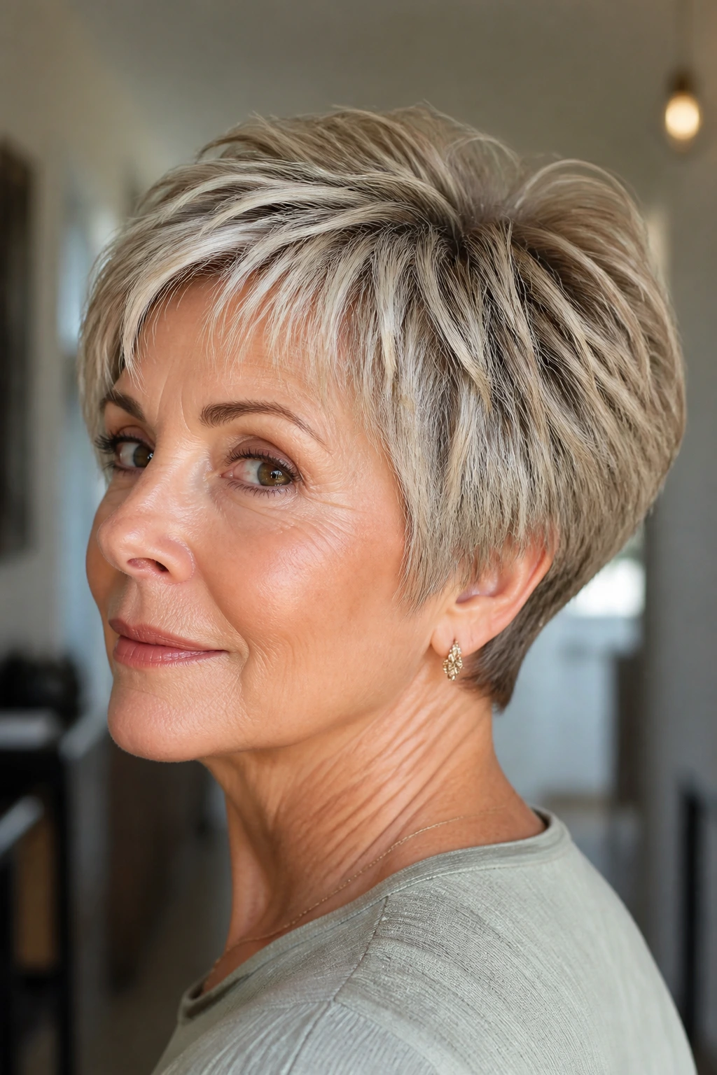 Close-up of a 60-year-old woman with textured wedge cut and rounded shape