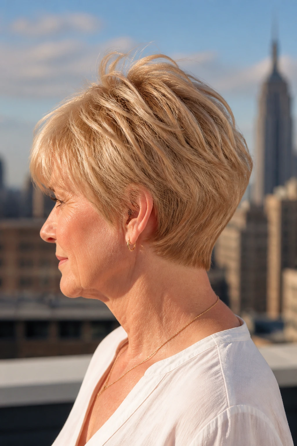 Close-up of a woman with textured wedge and wheat blonde tones