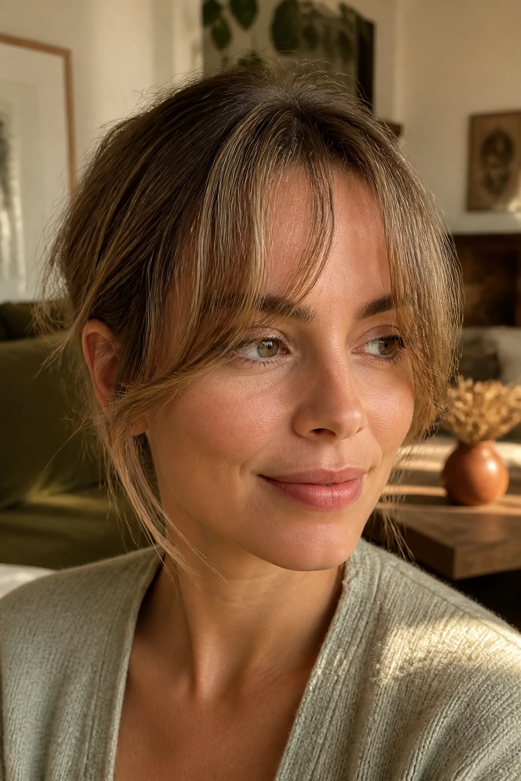 Close-up of a real woman with wispy curtain bangs in a sunlit living room