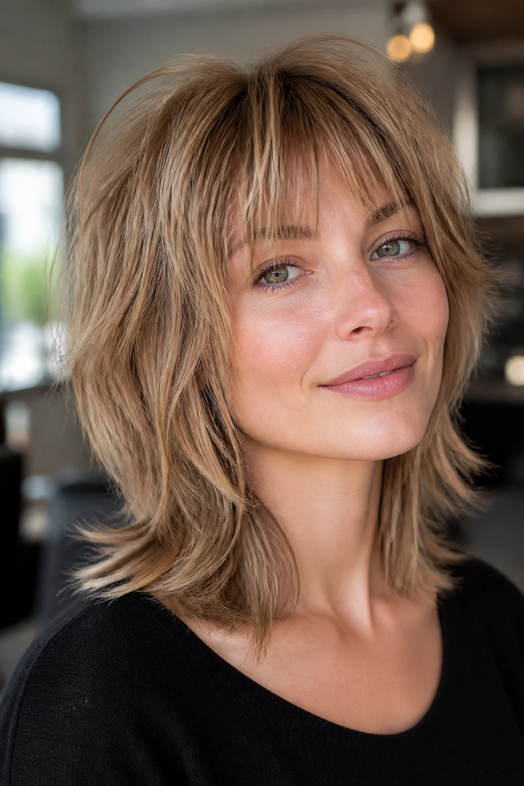 Close-up portrait illustrating textured wolf cut on fine hair with crown lift