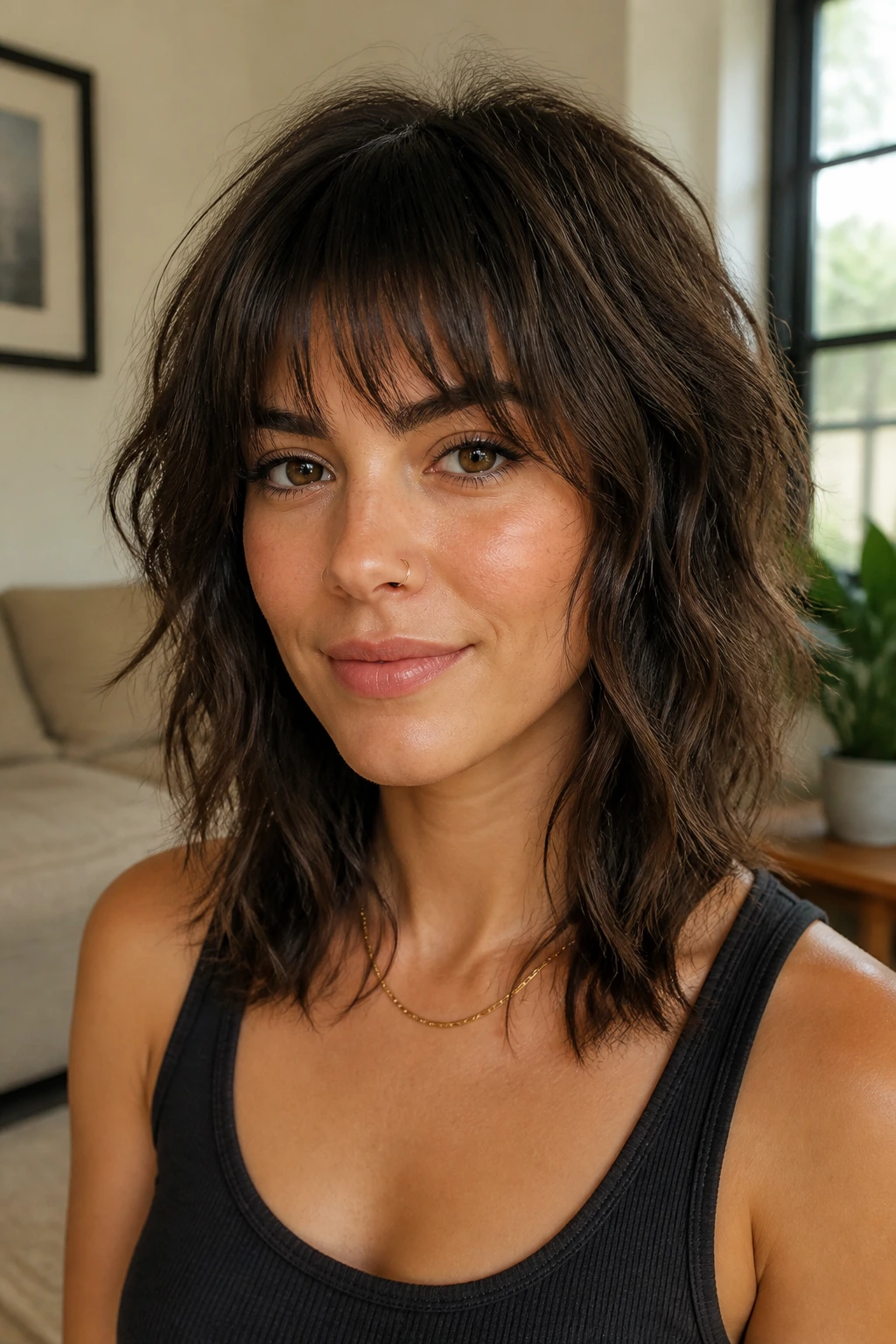 Close-up of a real woman with Textured Wolf Cut and Piecey Fringe in warm living-room light