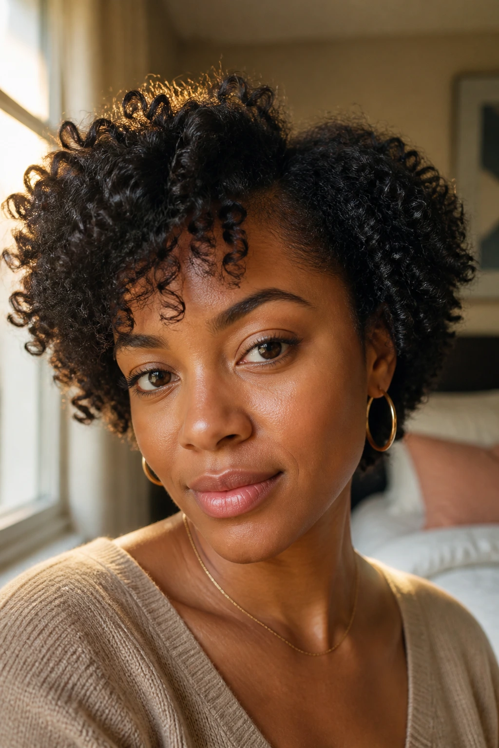 Close-up of a real woman with textured curls showing shape under soft natural light