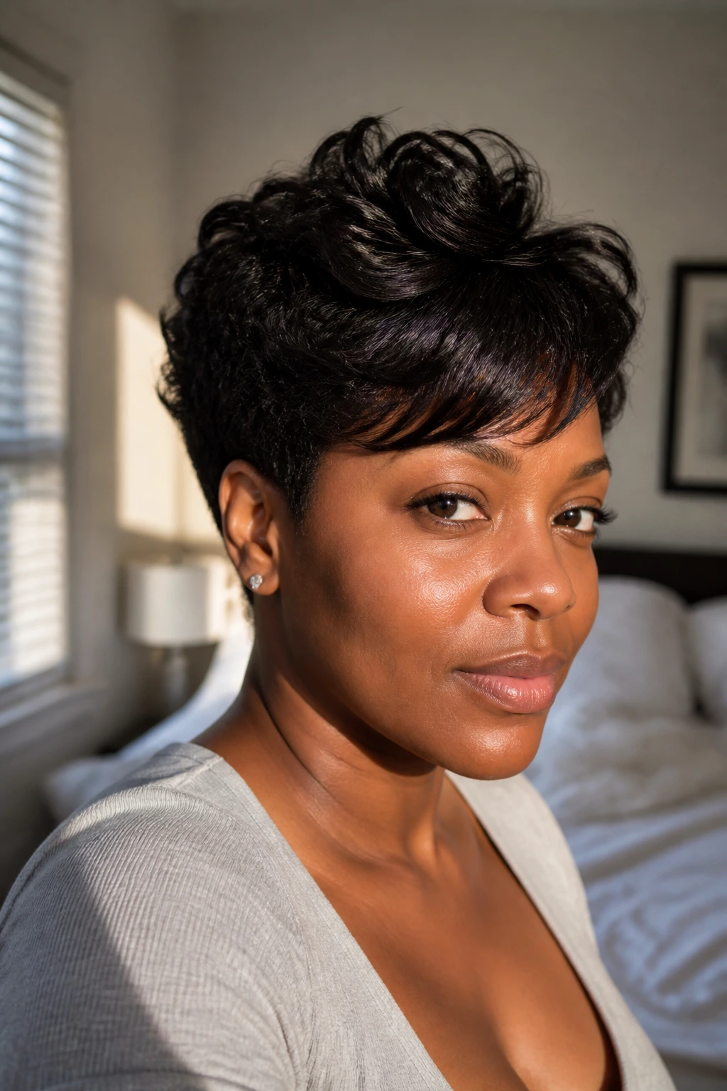 Close-up of a real woman with a clearly defined texturized hairstyle showing shape and movement