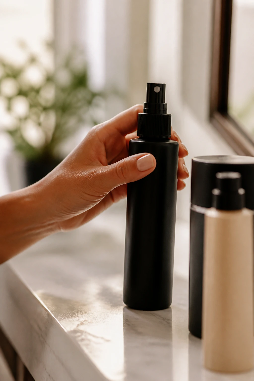 Close-up of hand holding texturizing spray bottle on a bathroom counter.
