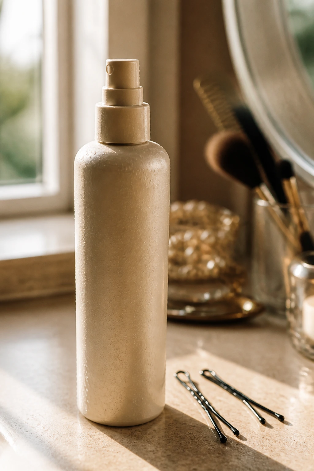 Close-up of an unbranded texturizing spray bottle with matte hairpins on a vanity, warm light