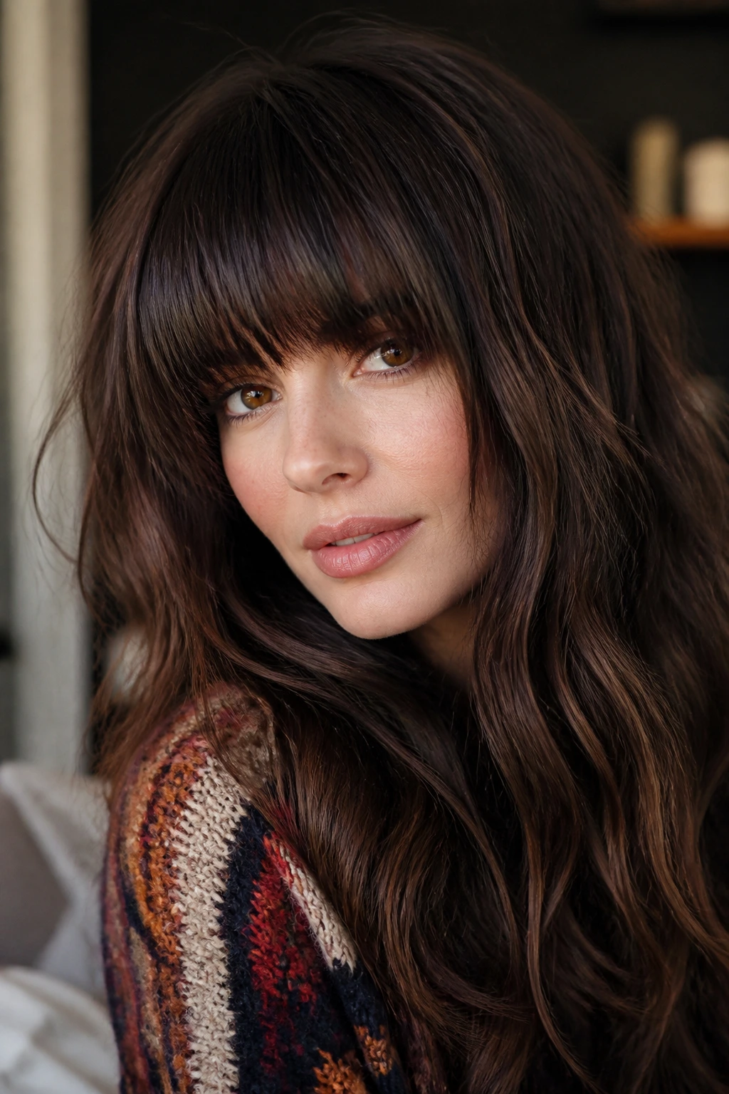 Close-up of a person with thick bangs and long hair as the focal point