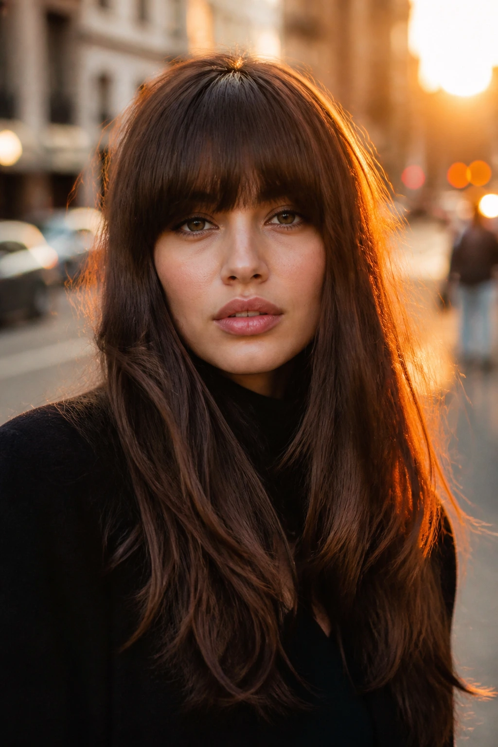 Dramatic portrait of woman with crisp front fringe during golden hour