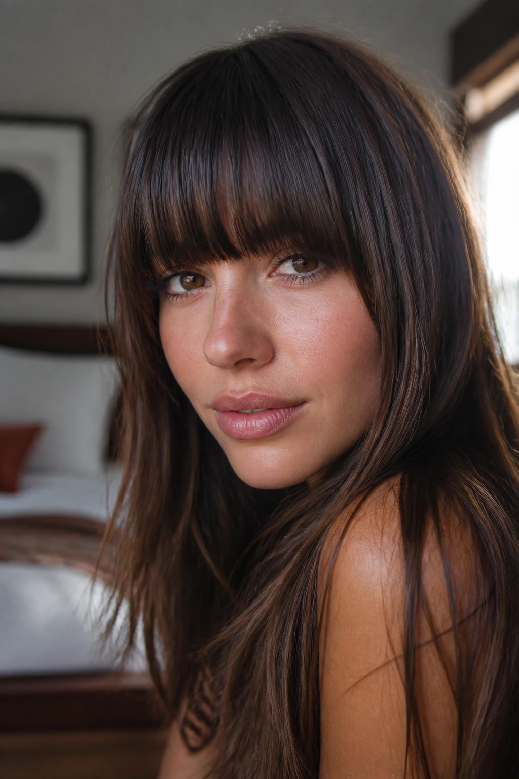 Close-up portrait of a real woman with thick bangs in warm bedroom light