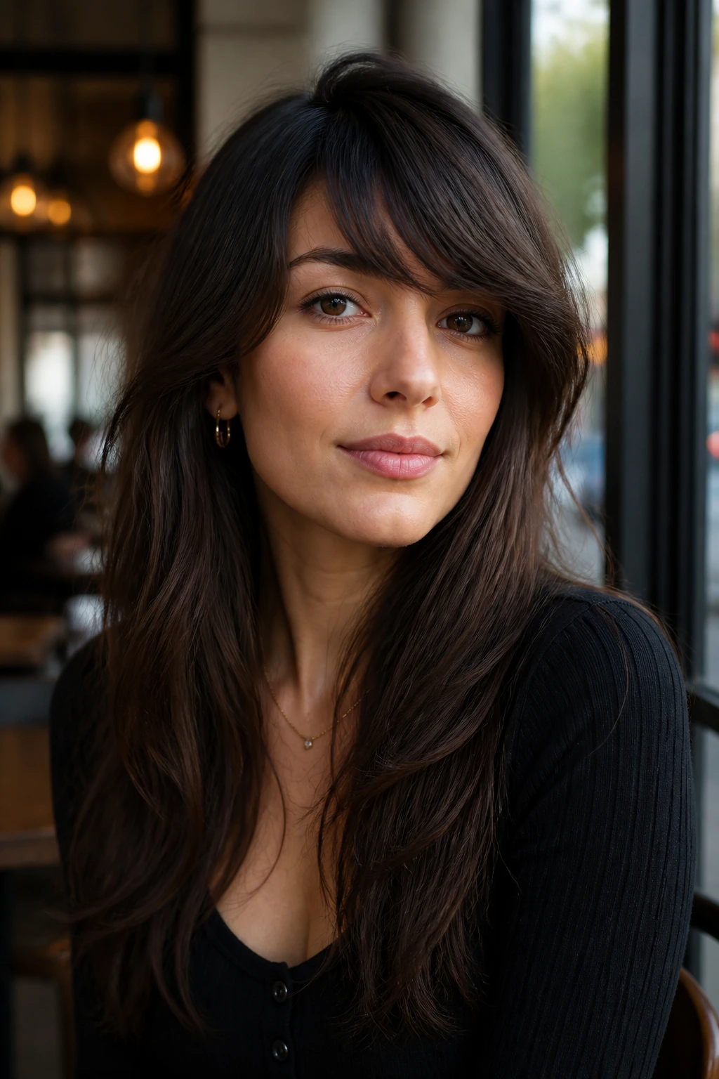 Close-up of woman with side-part thick bangs in daylight beside a cafe window