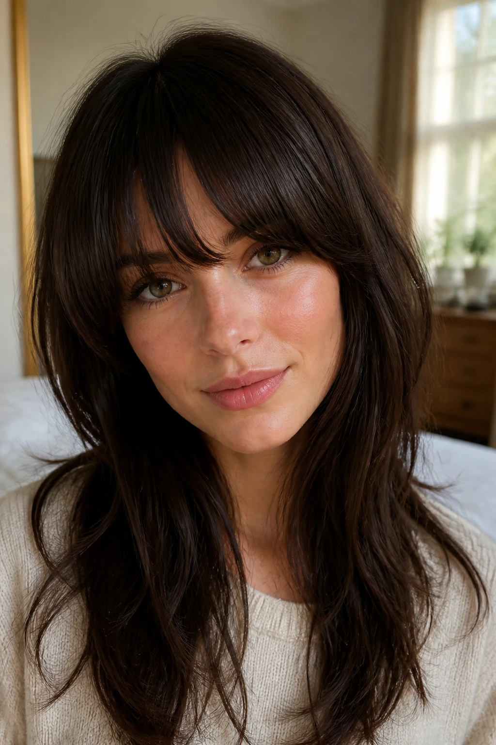 Close-up of a real woman with thick bangs that look soft in a cozy bedroom light