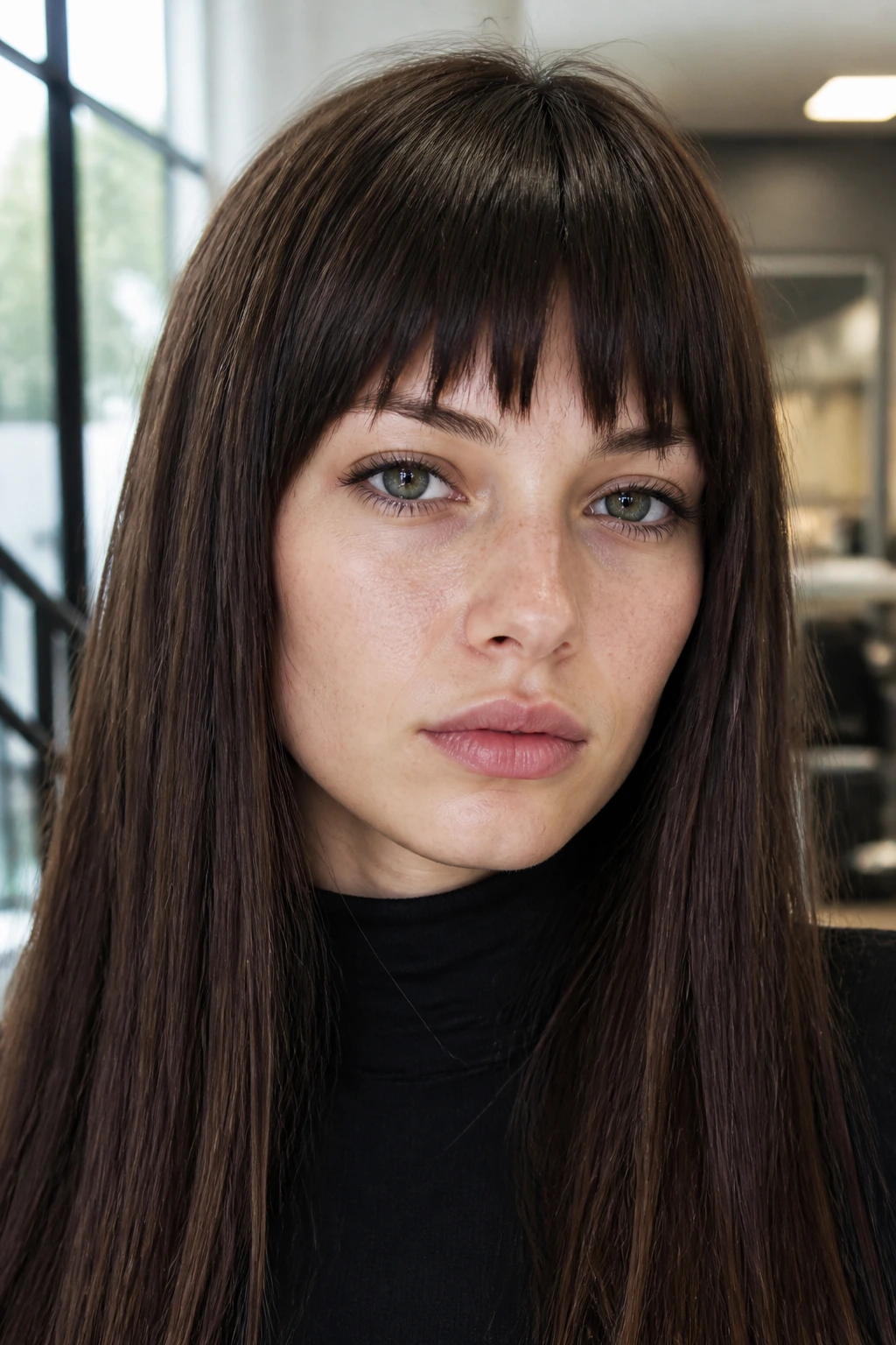 Portrait of a woman with thick choppy bangs on straight hair