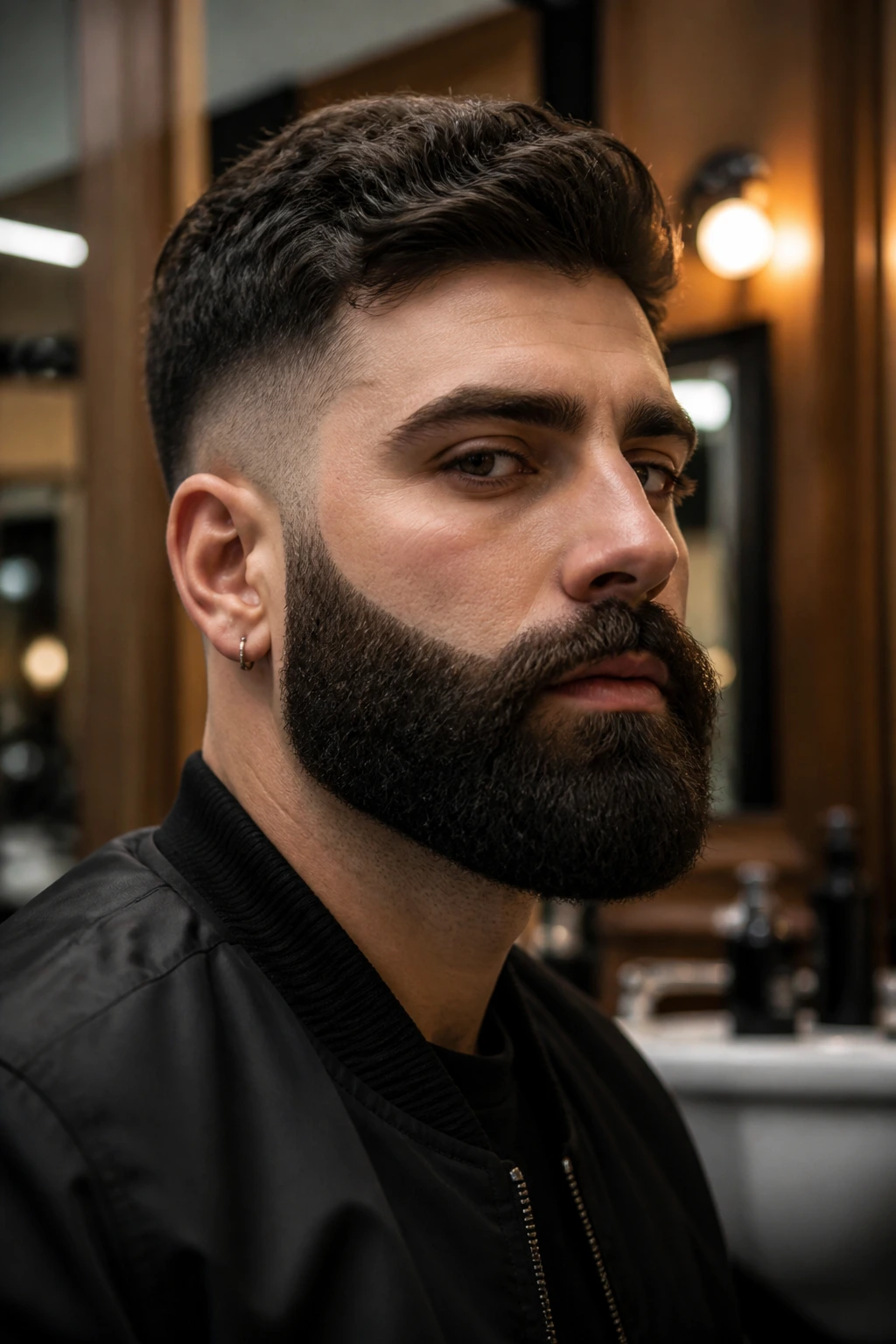 Close-up of a real man's thick beard with a defined shape in a barbershop setting