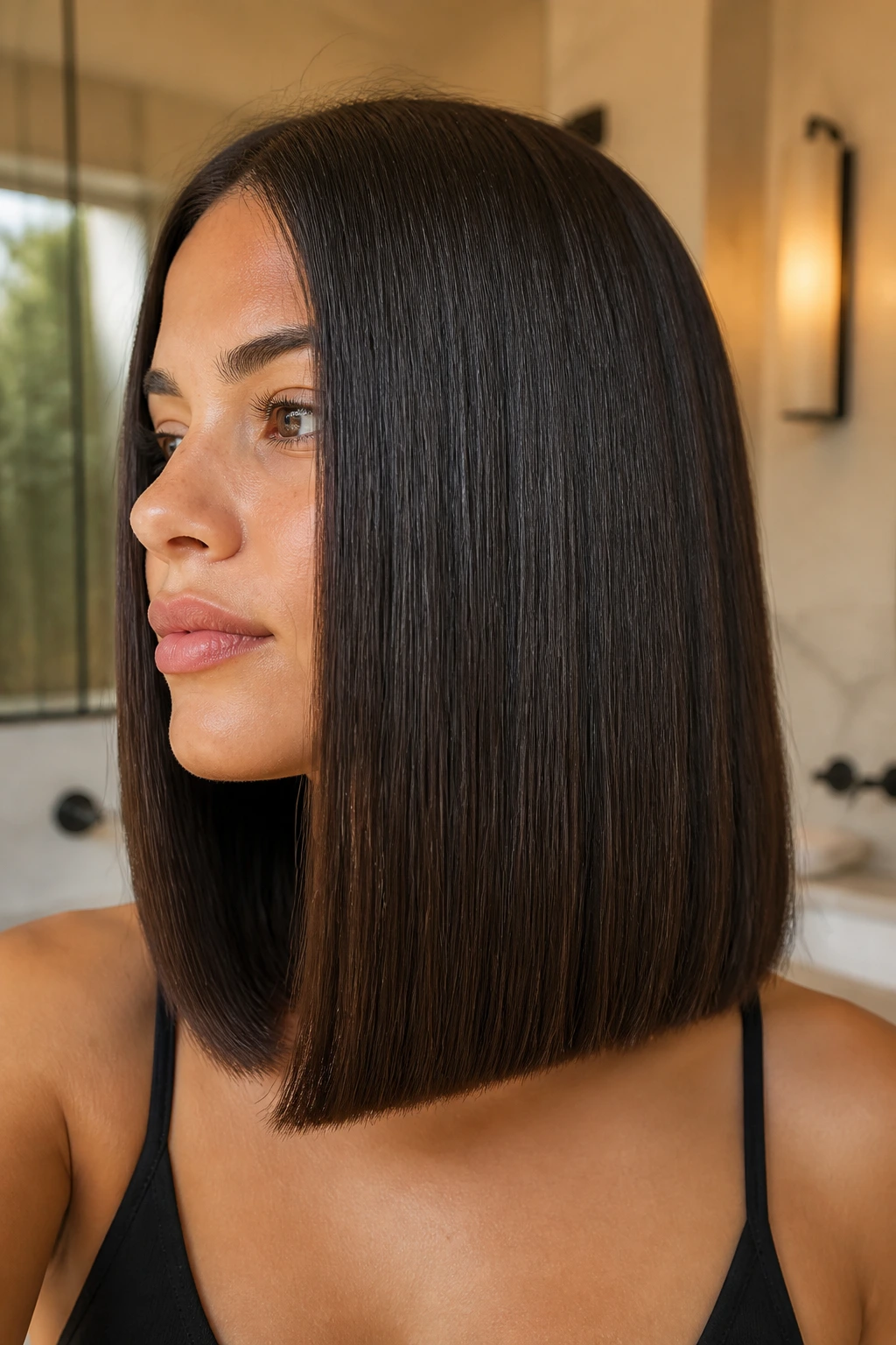 Close-up portrait of a real person with thick coarse hair and a blunt weight line