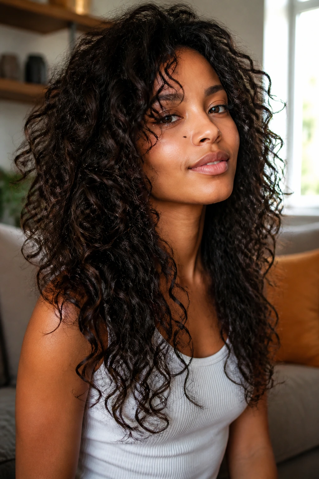Close-up of a real person with long layered thick curls in a sunlit living room