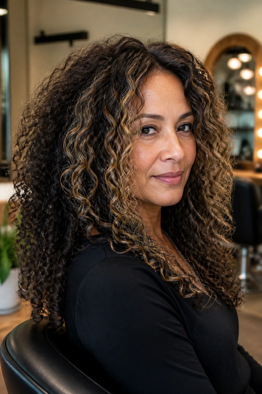 Portrait of a woman with long thick curls and mixed texture