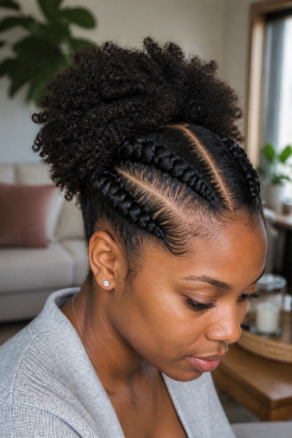 Woman with two thick side cornrows leading into a full puff