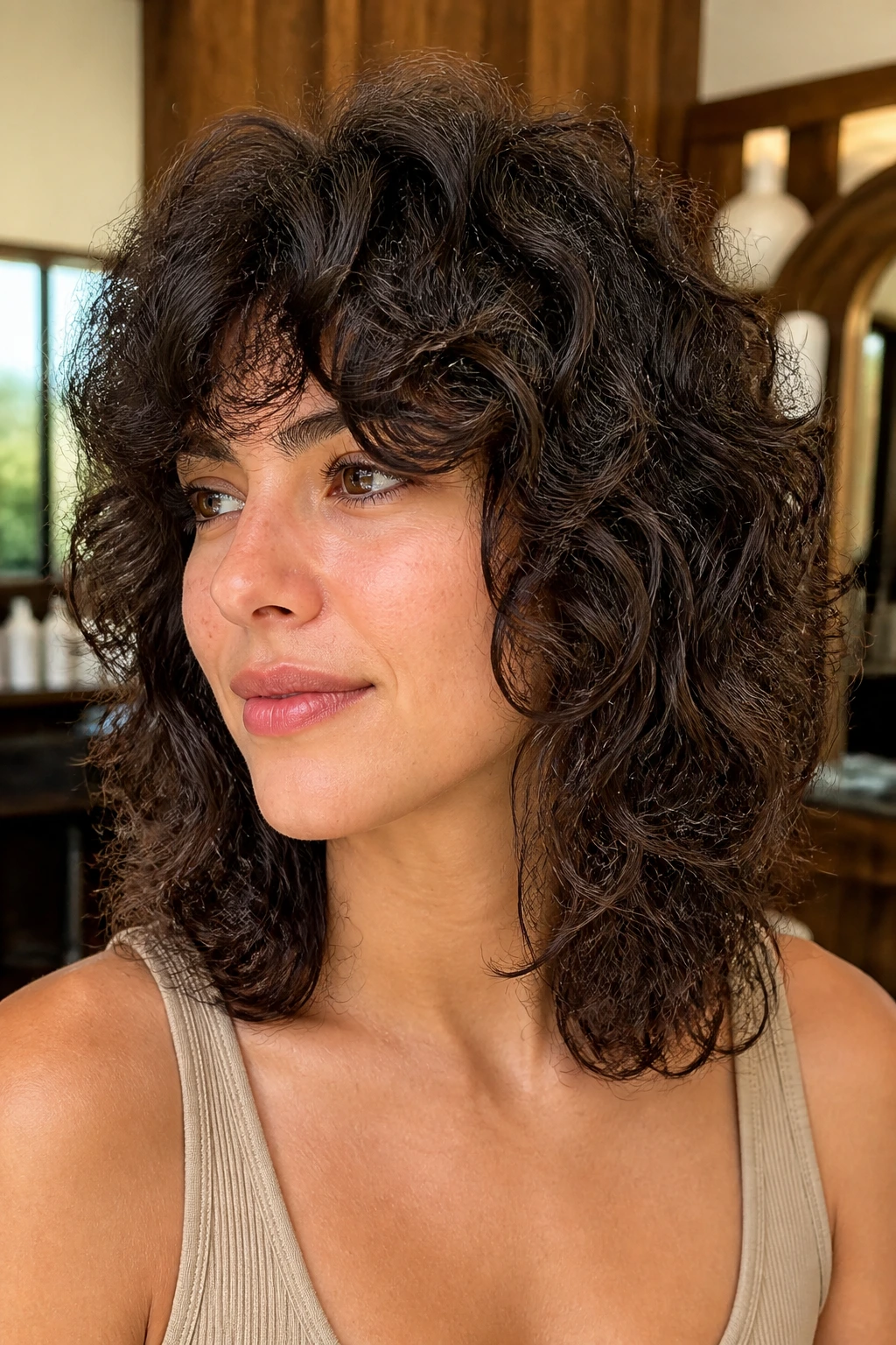 Close-up portrait of a real woman with thick curls featuring weight-removed shag at shoulder length