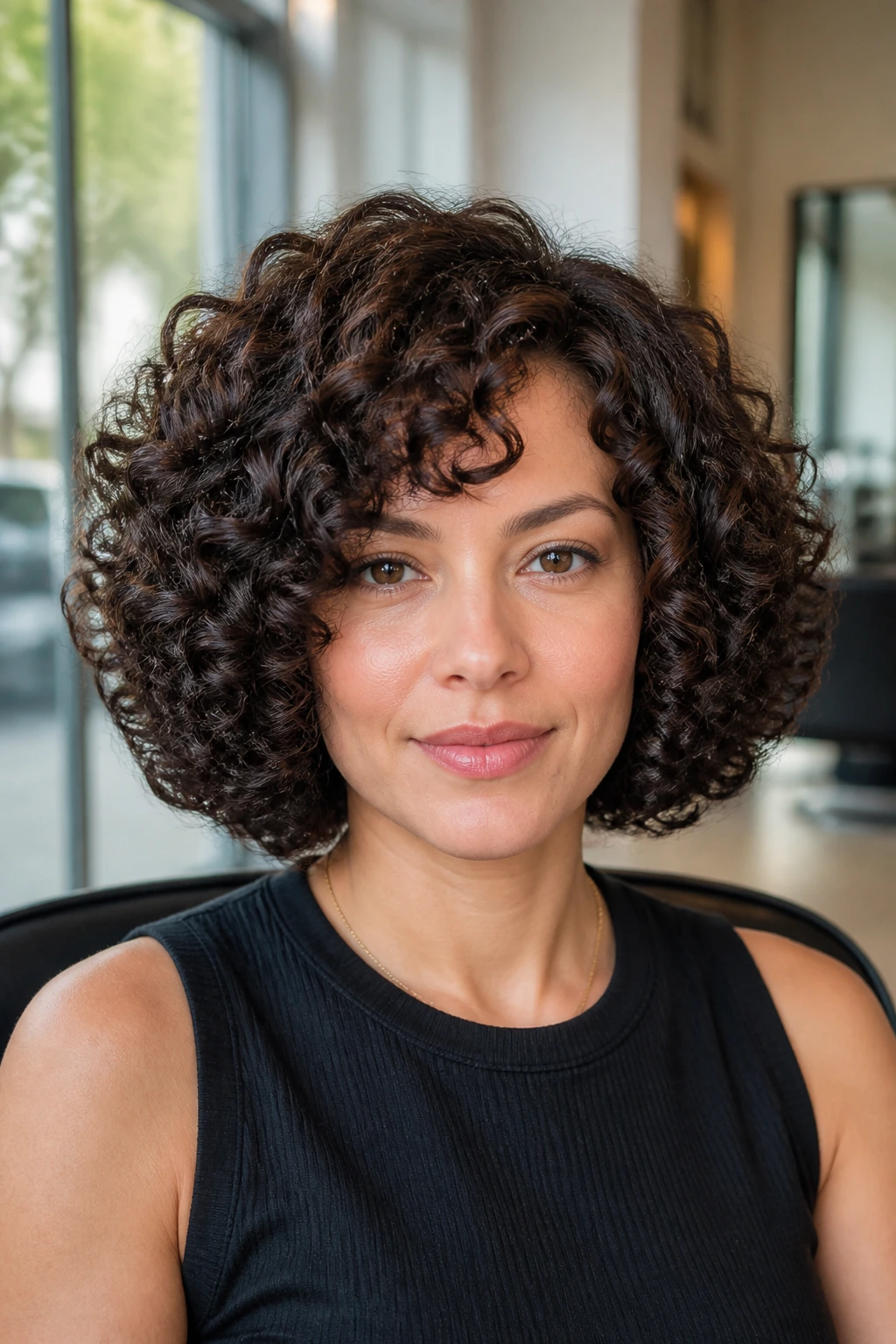 Close-up of a woman with a thick curly bob in a sunlit salon