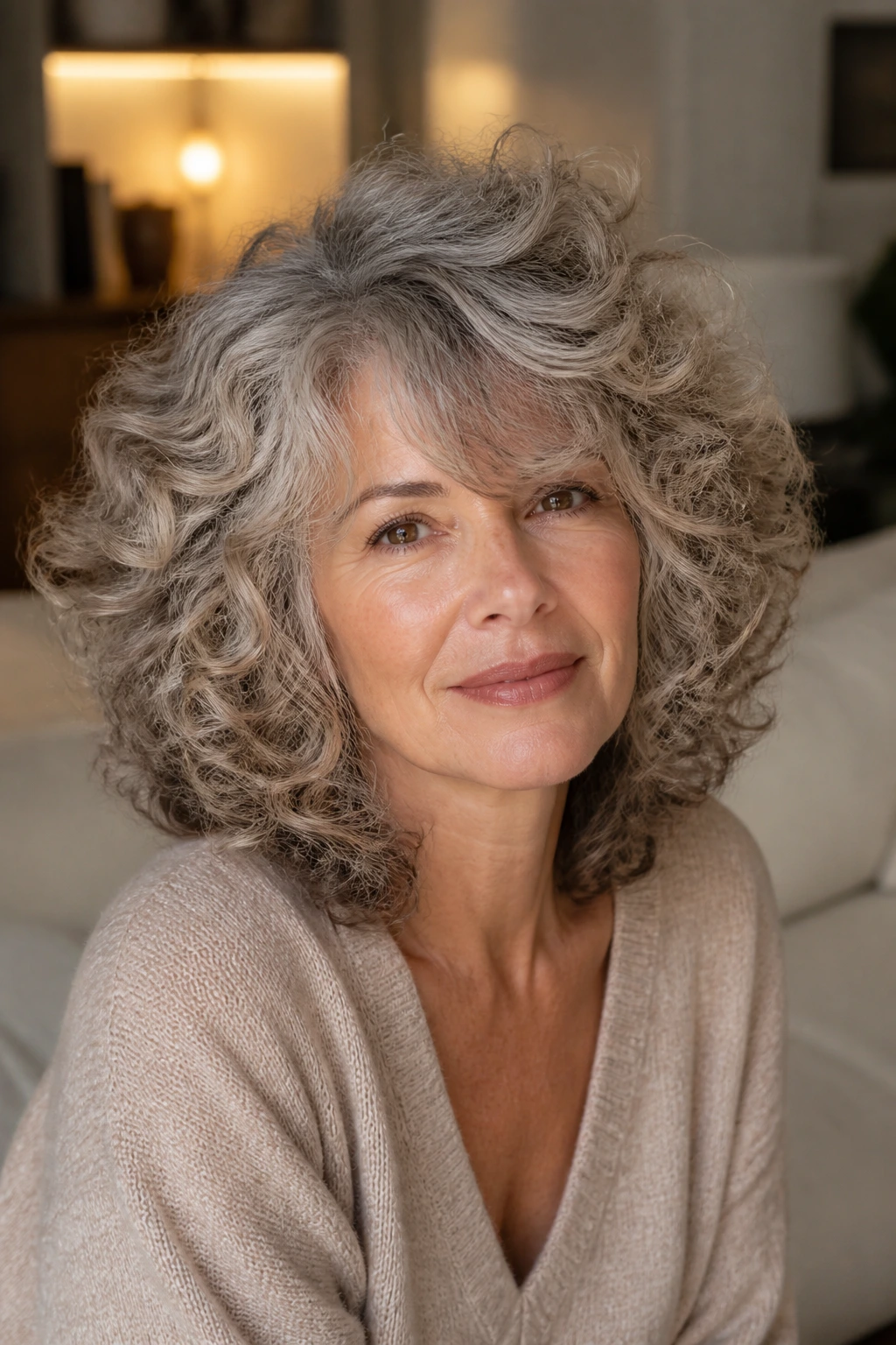 Close-up of a real woman with thick-curl cloud cut and long bangs in a warm living room.
