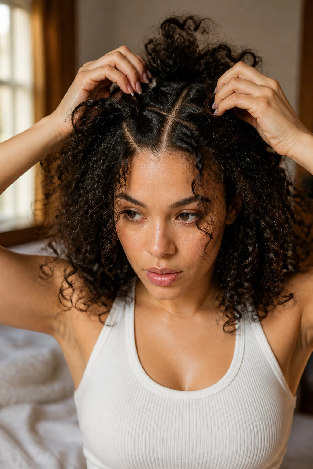 Close-up of thick curls with defined sections and minimal product