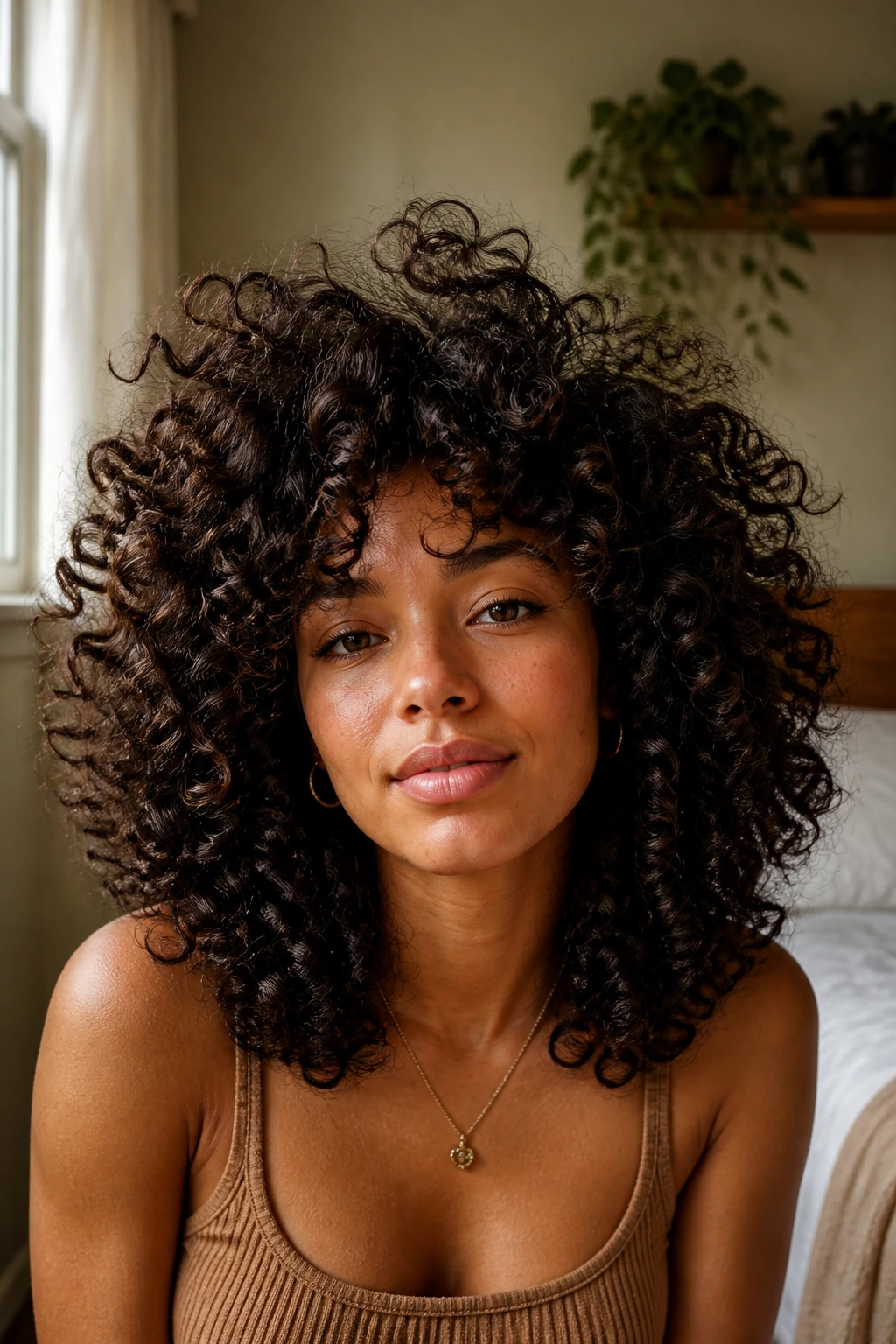 Close-up of a real person with thick curls filling the frame and crown volume.