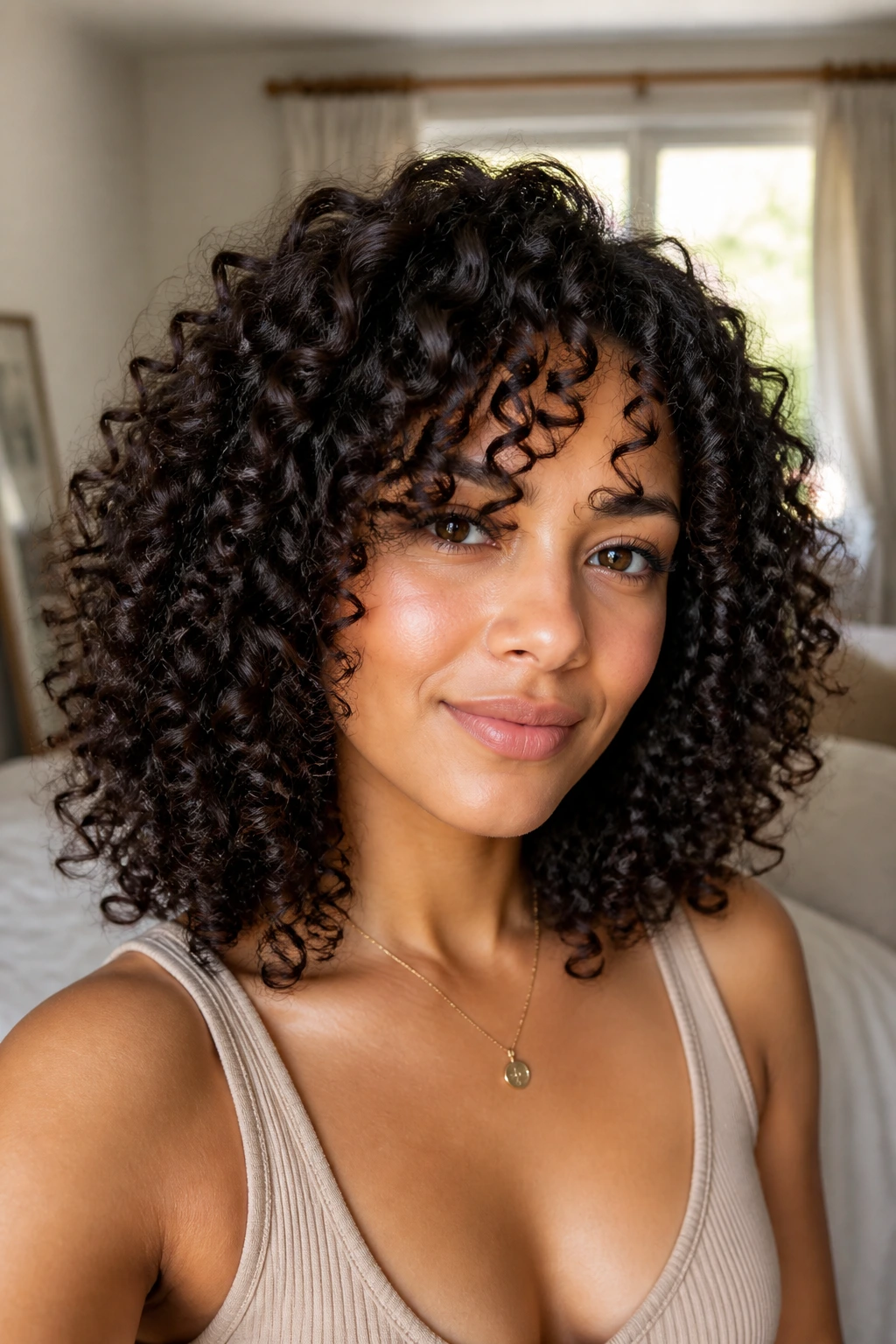 Close-up portrait of a real woman with thick curls in a polished final look, warm bedroom light.