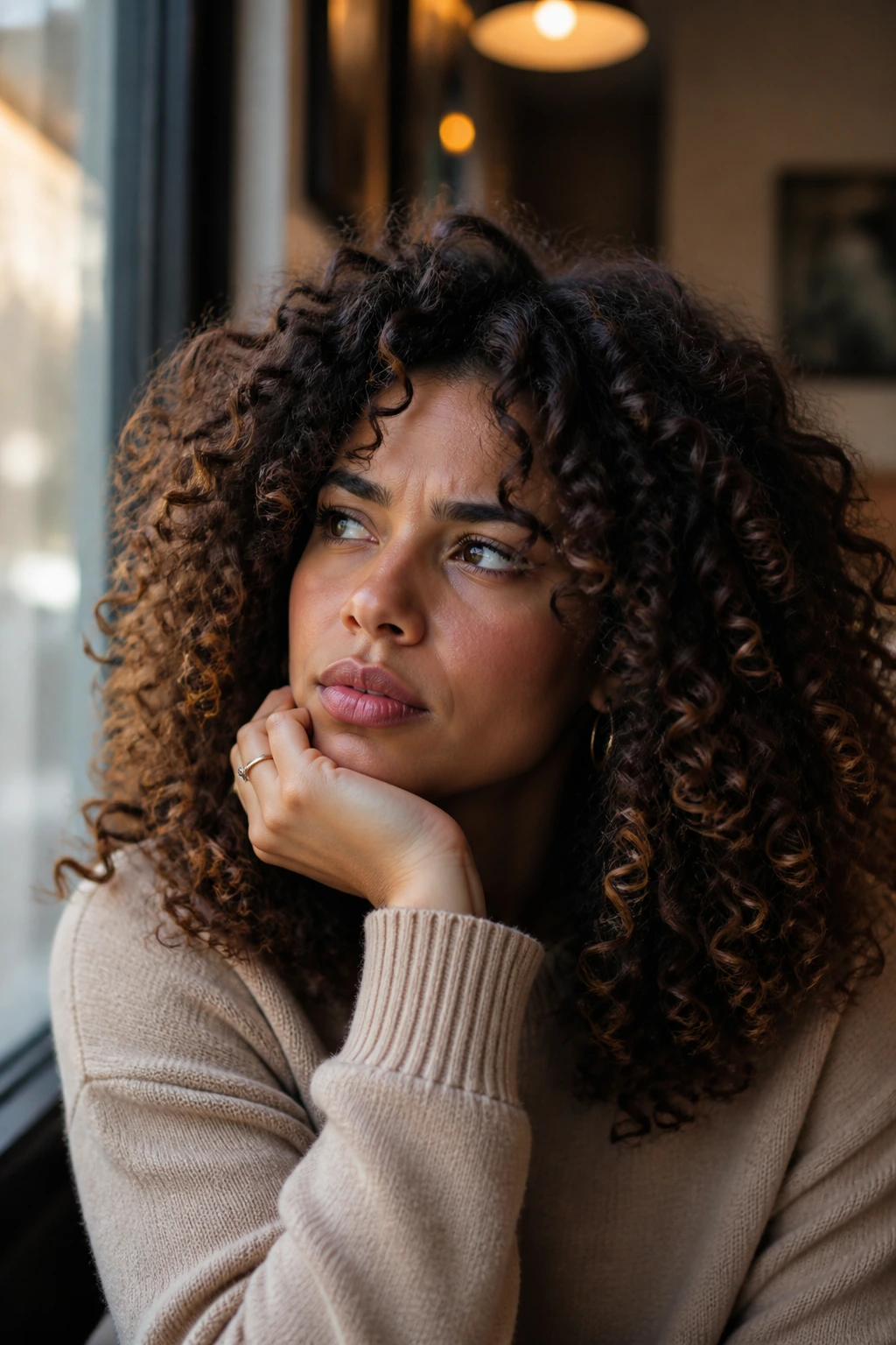 Thoughtful portrait of a person with thick curls, representing questions about thick curls