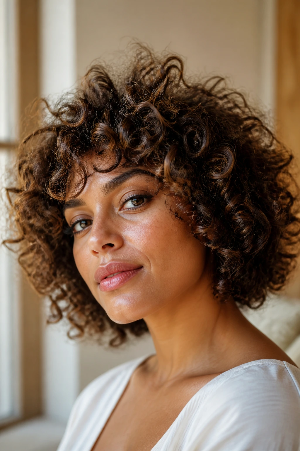 Portrait of a real person with thick curly hair showing movement and texture in a breathing shape
