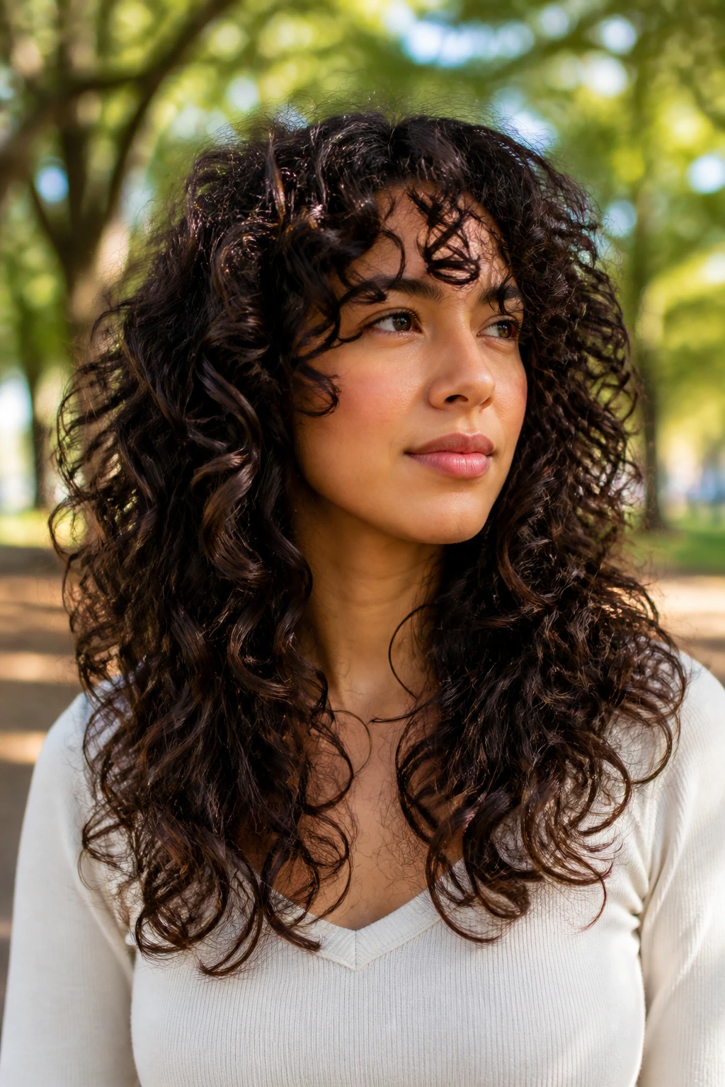 Head-and-shoulders portrait of thick-curled hair with weight-removing layers