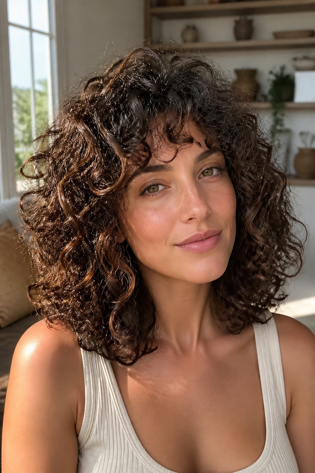 Portrait of a real woman with thick curly lob, dense curls and visible crown weight.