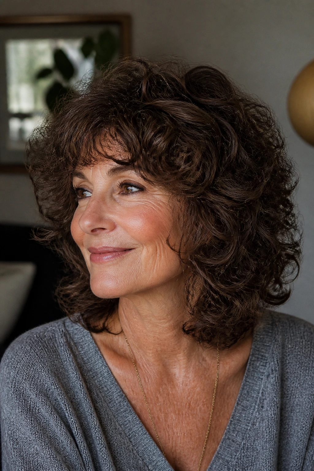Close-up portrait of a real woman with thick curly hair showing invisible layers