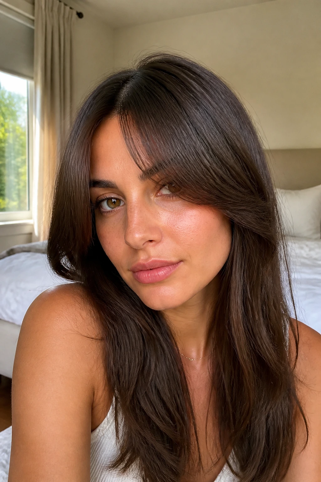 Close-up of a real woman with thick plush curtain bangs framing the face, straight hair, natural window light