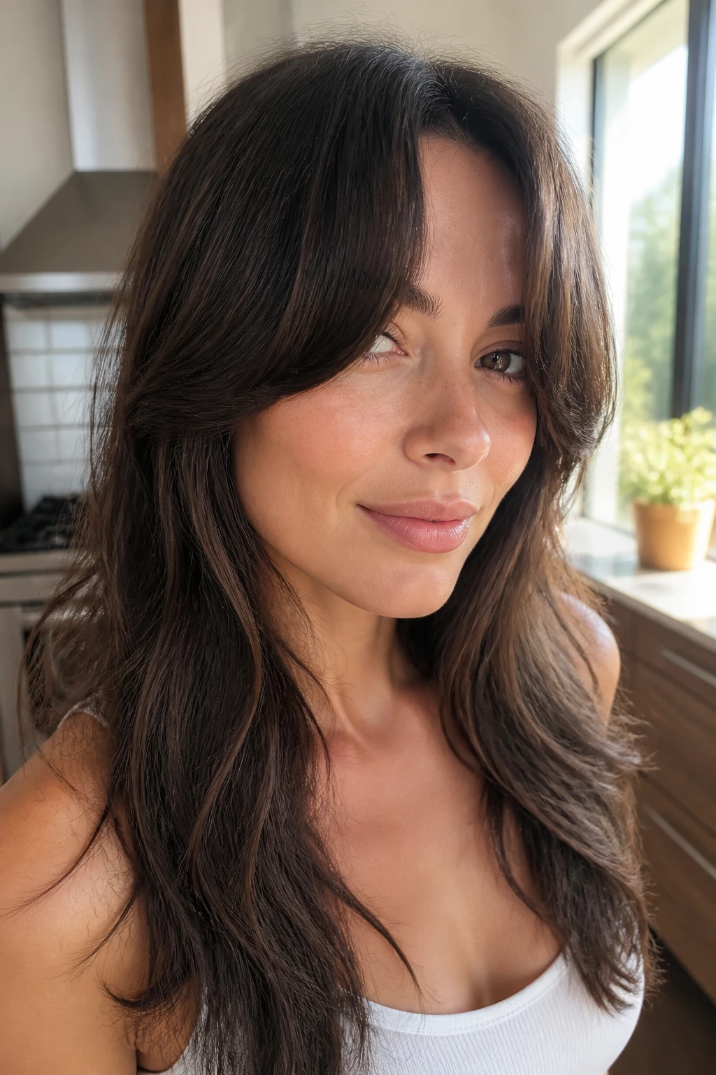 Close-up of a real woman with thick curtain bangs in bright morning kitchen light.