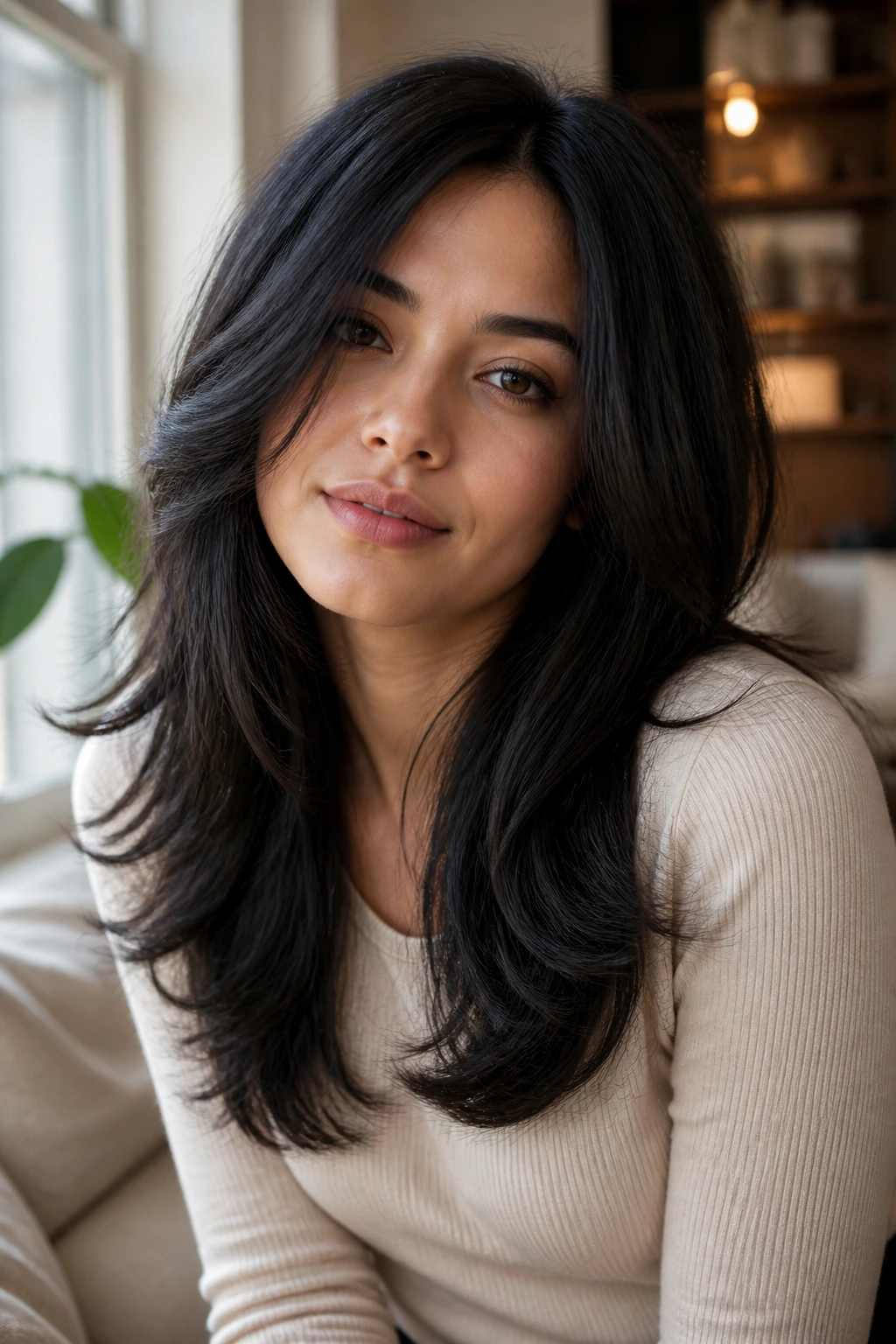 Portrait showing layered dark hair with weight-aware shape.