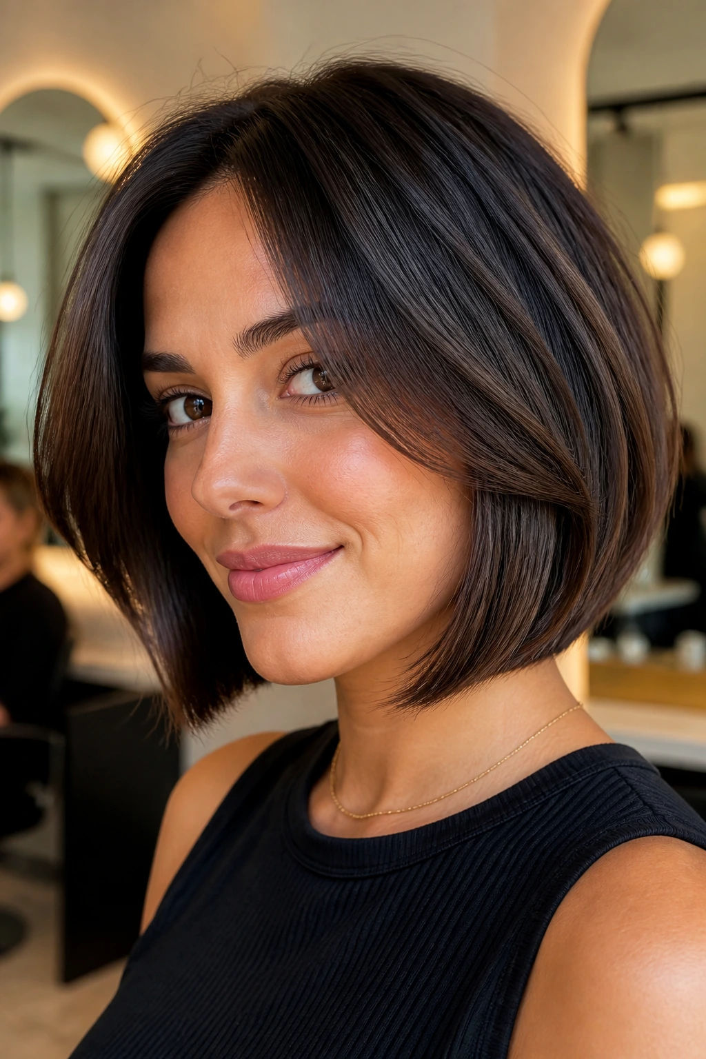 Portrait of a woman with a de-bulked thick-hair bob and clean perimeter