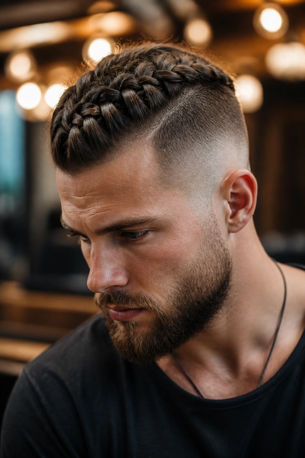 Real person with thick Dutch braid and fade, portrait