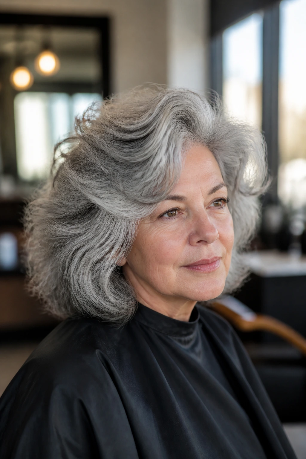 Close-up portrait of a real person with thick, dense gray hair