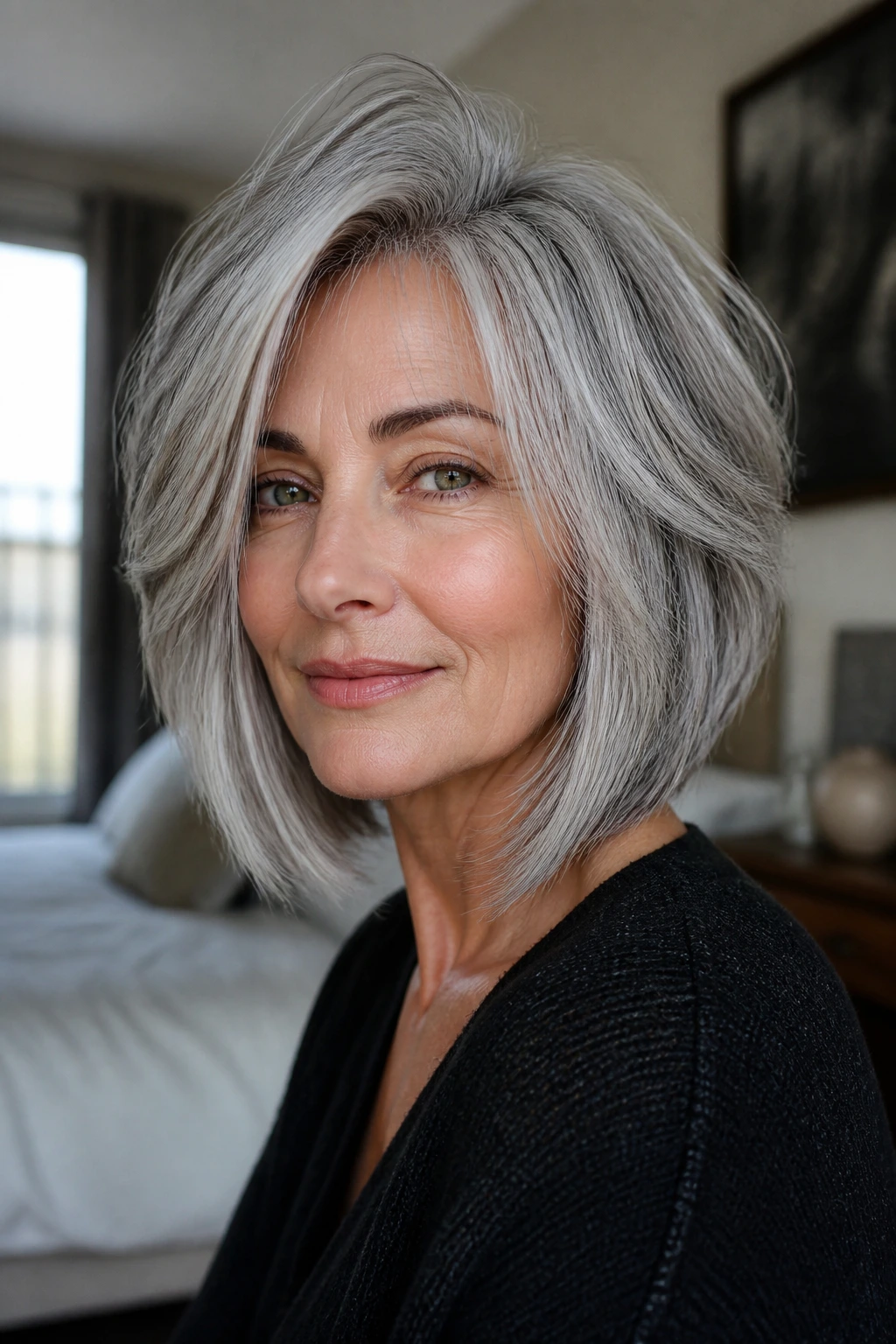 Close-up portrait of a real woman with thick silver hair in a soft-edged lob under natural window light