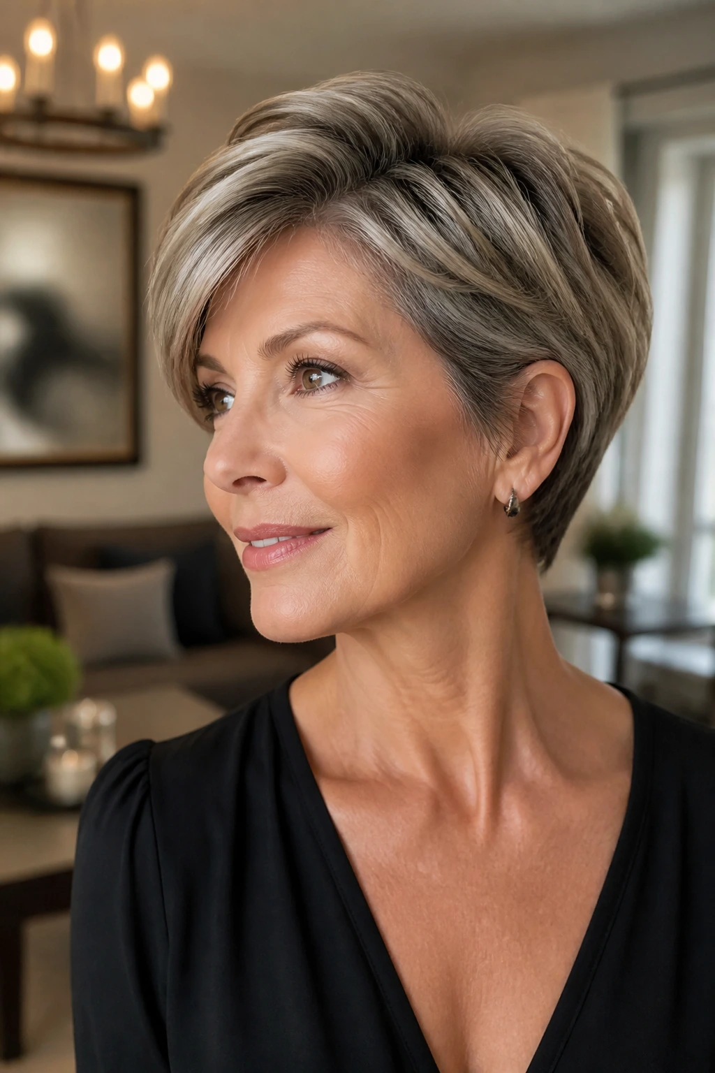 50+ woman with a chic short thick hairstyle in a warm living room