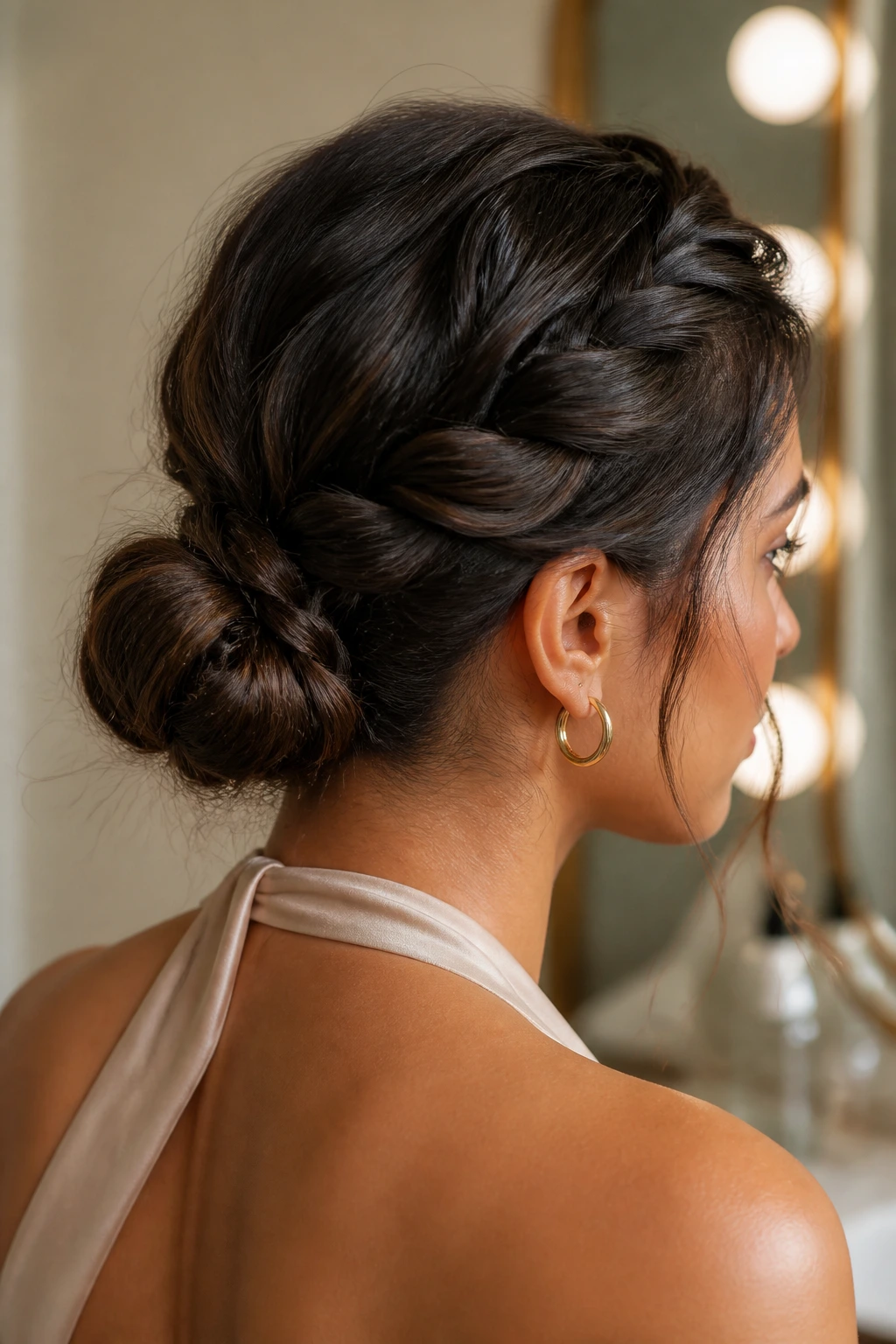 Close-up of a real woman with thick hair anchored into a multi-section low bun at the nape