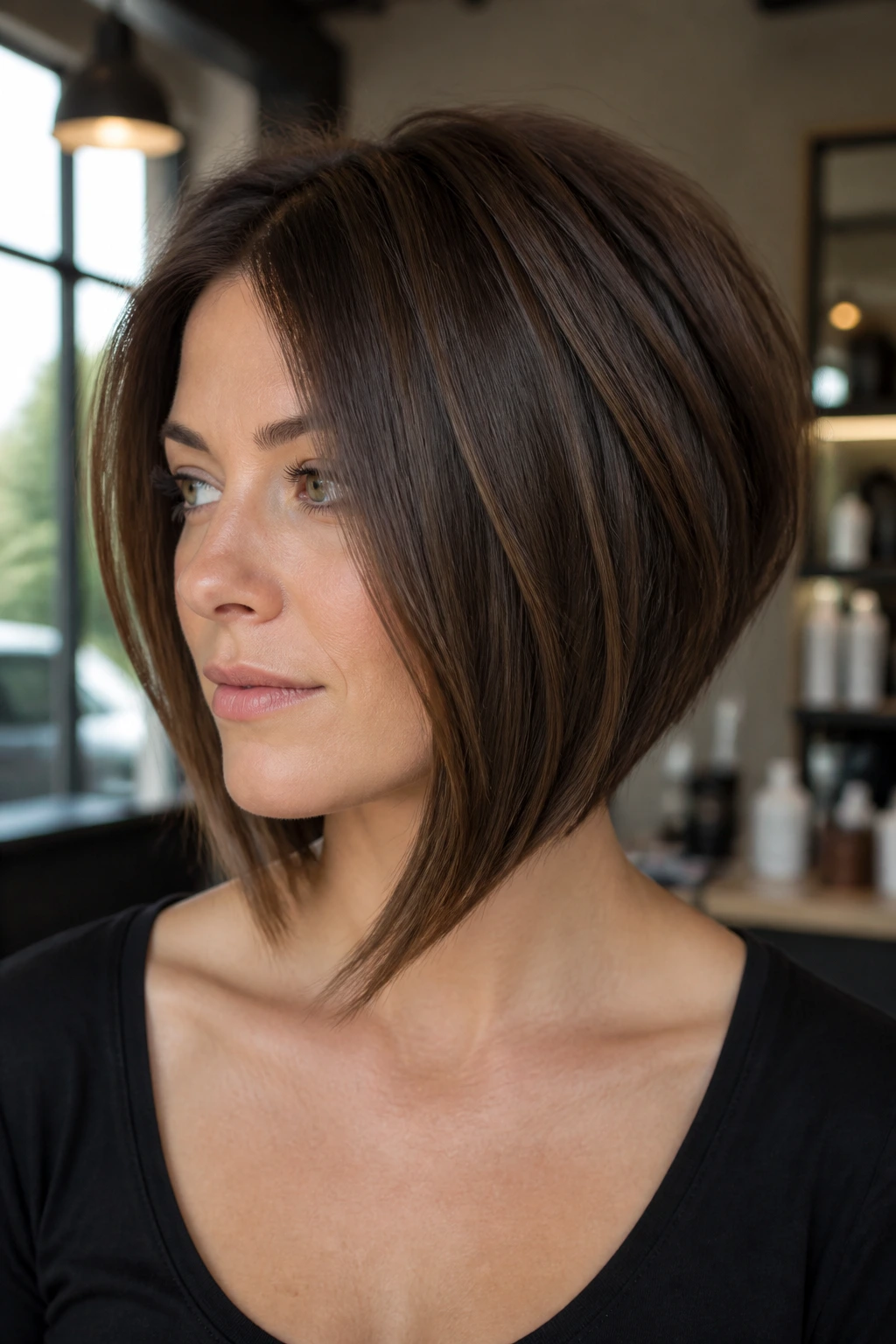 Close-up portrait of a real woman with a thick angled bob showing back shorter and front longer in natural light