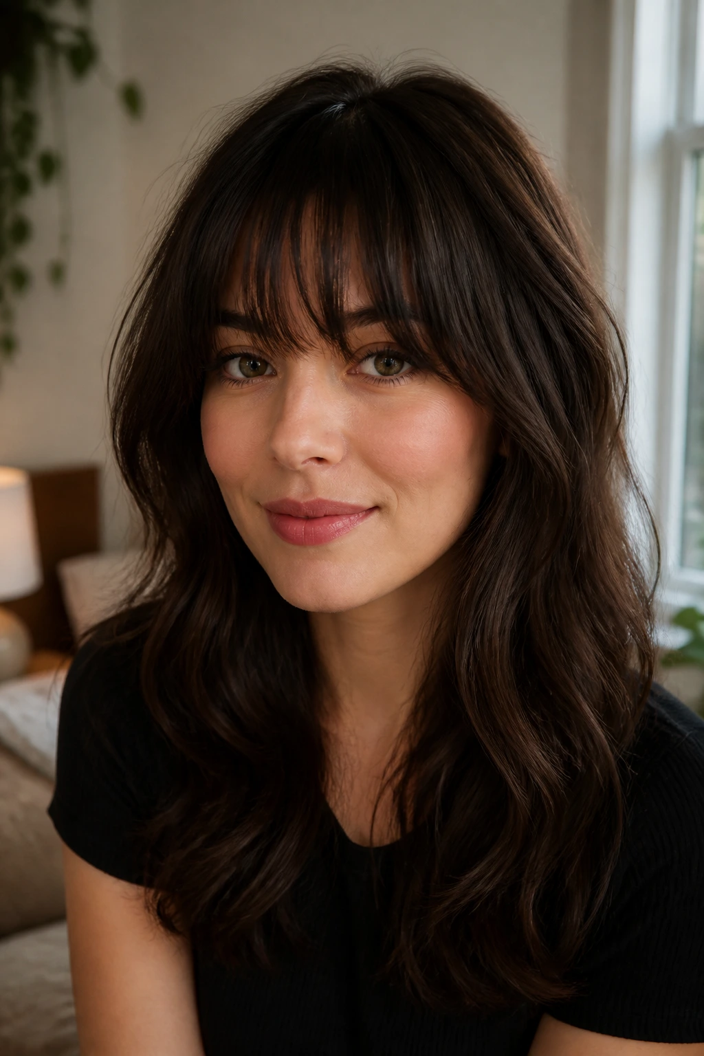 Close-up portrait showing thick-hair bangs on a real person in soft natural light