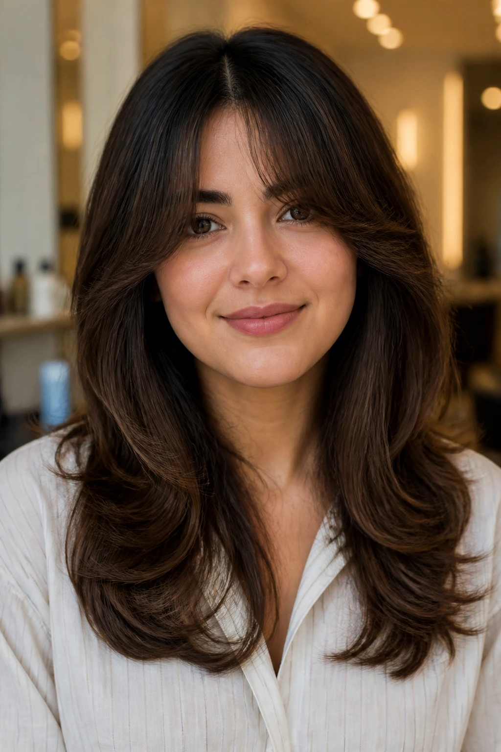 Close-up portrait of a real woman with thick curtain bangs and heavy interior weight.