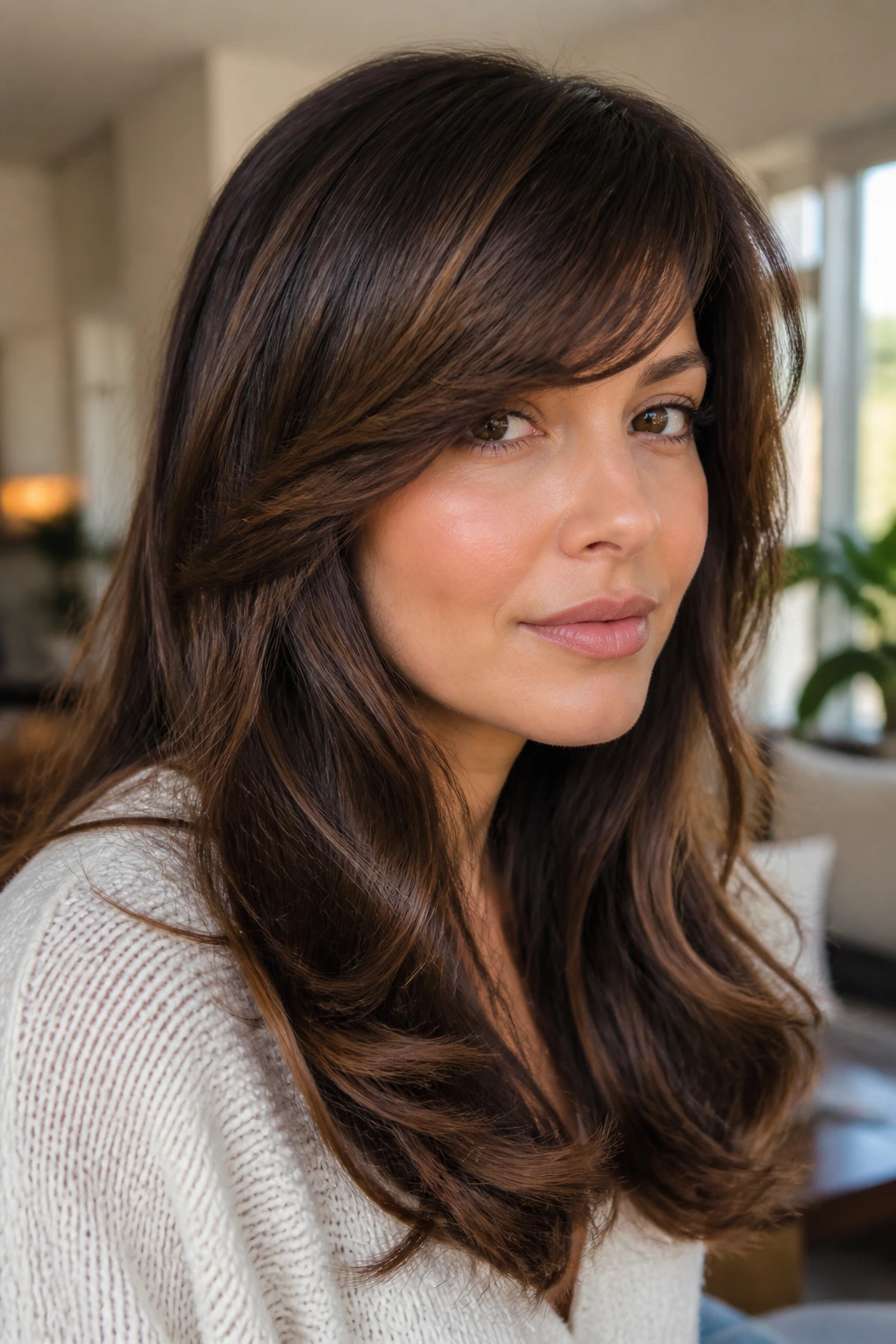 Portrait of a woman with thick hair and full side bangs