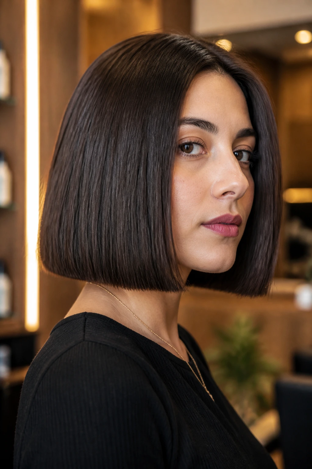 Close-up of a real woman with a thick blunt bob in a stylish salon