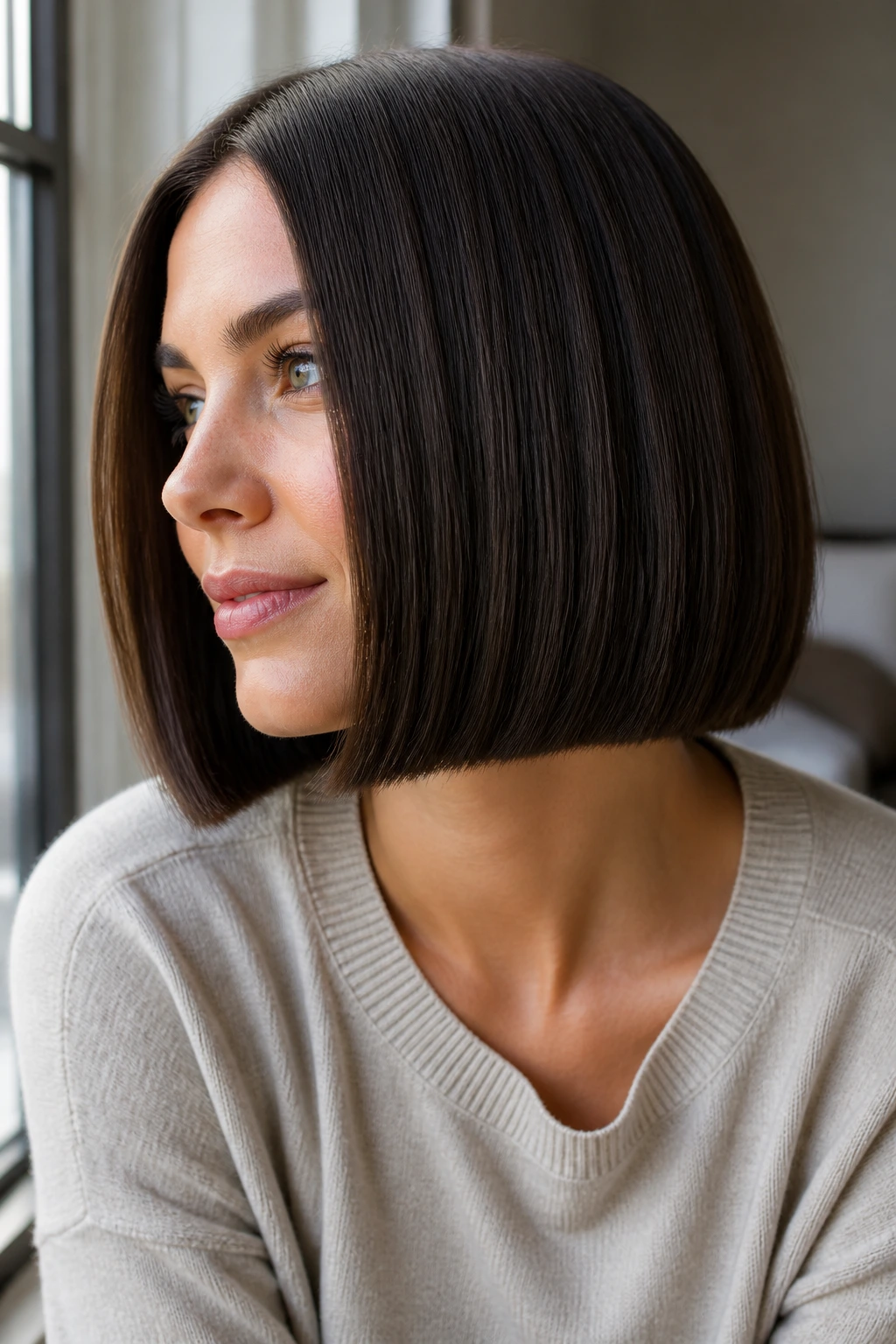 Real person with a crisp blunt bob line on thick hair
